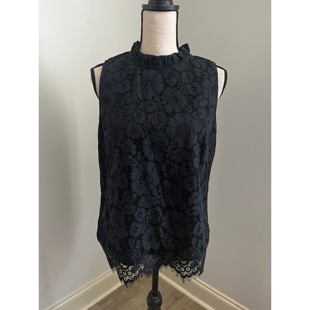 Black Floral Lace Blouse Medium Ruffle Neck Office Chic Preppy Goth Coquette